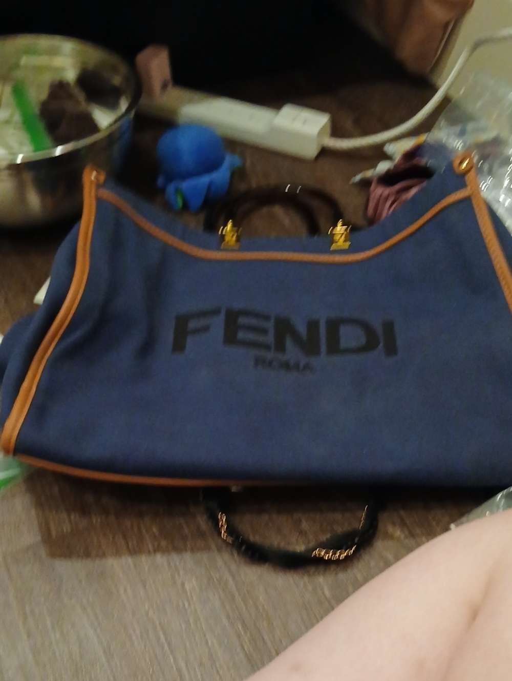 Fendi Navy Canvas Tote with Brown Trim and Gold Hardware